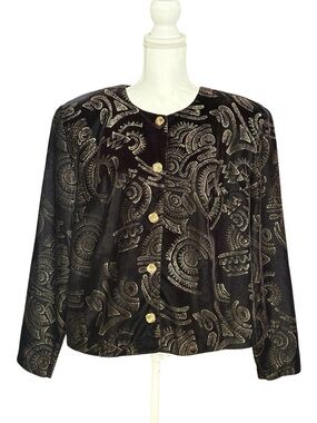 Vintage Sharon Anthony Velvet Jacket Gold Foil Print Plus 20W Statement Blazer